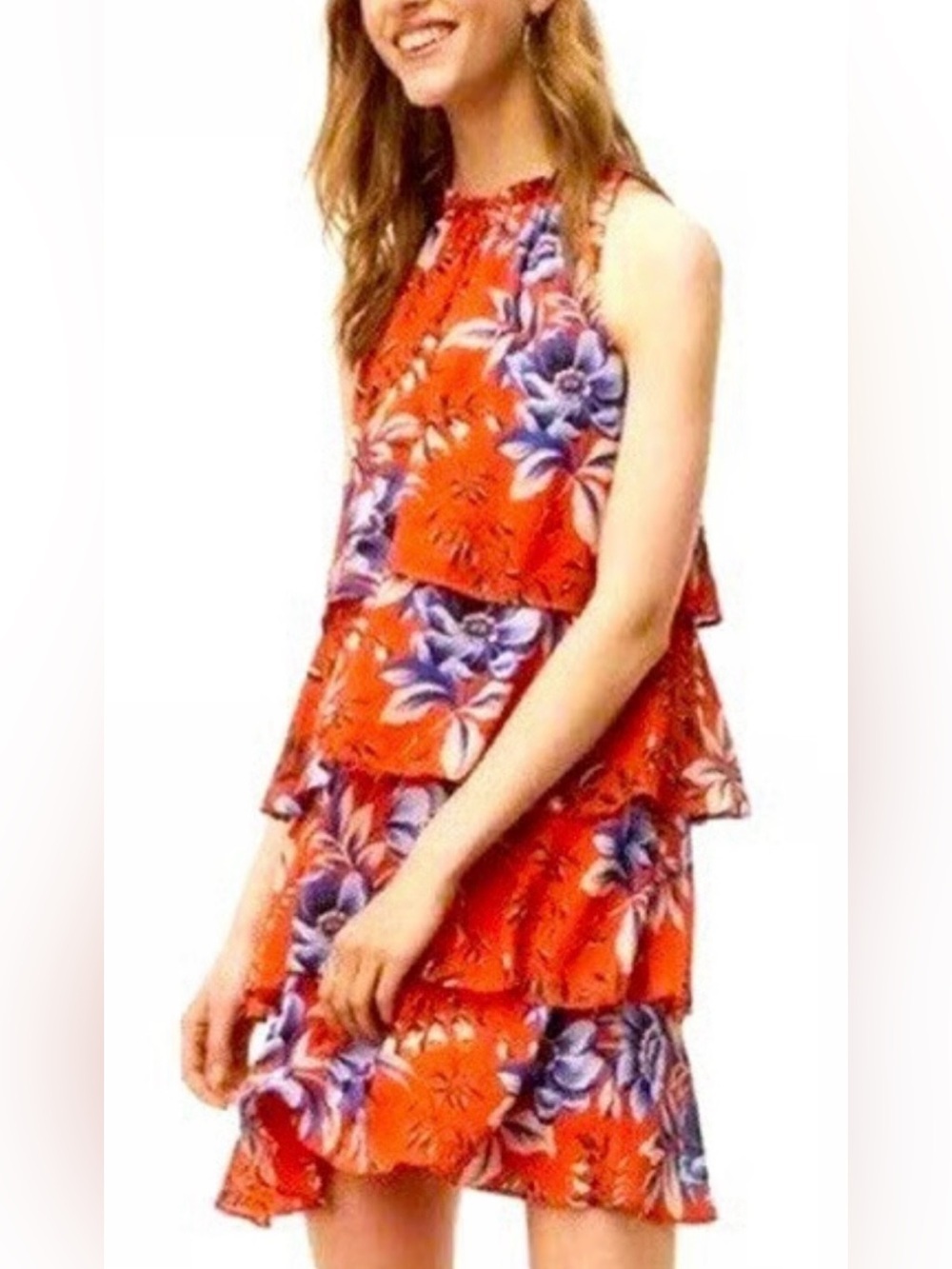LOFT Coral-Red Floral Tiered Halter Dress size M